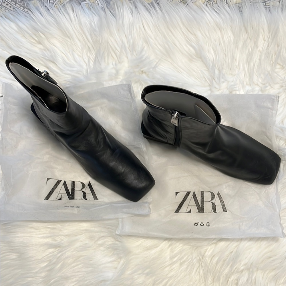 Zara Sleek Black Leather Ankle Booties
